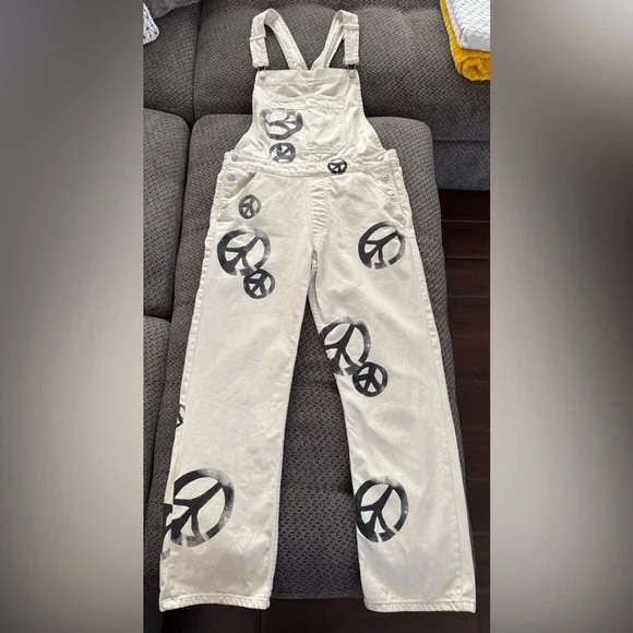 We the Free People Peace Sign Ziggy Harmony Overalls in White Medium Retail $128 - Picture 4 of 16
